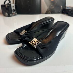 Brighton Isabel Italy Black Leather Slide Mules Block Heel Size 6.5 Vintage Y2K